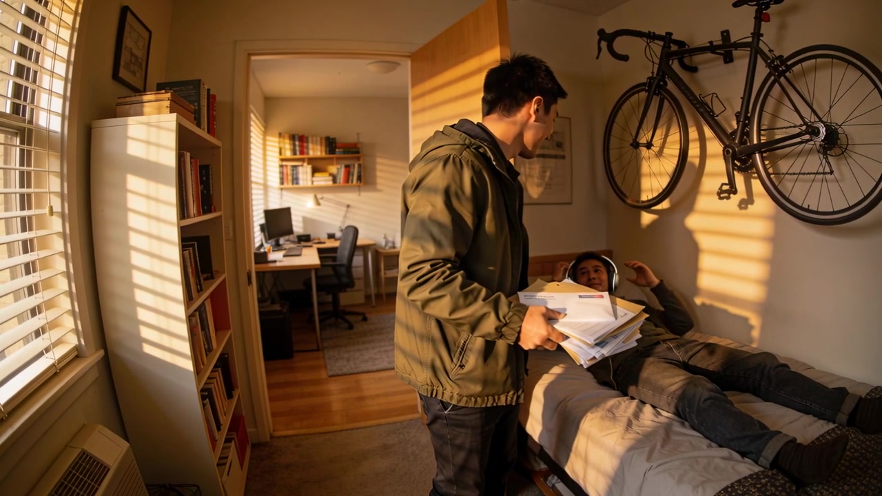 Uomo incappucciato che entra con la posta da consegnare, chiamando il coinquilino con le cuffie sotto la bicicletta appesa al muro.