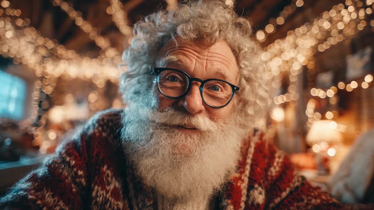 Una figura di Babbo Natale calorosa e allegra, circondata da luci scintillanti, che evoca una gioiosa atmosfera festiva in un ambiente accogliente e festoso con un sorriso amichevole
