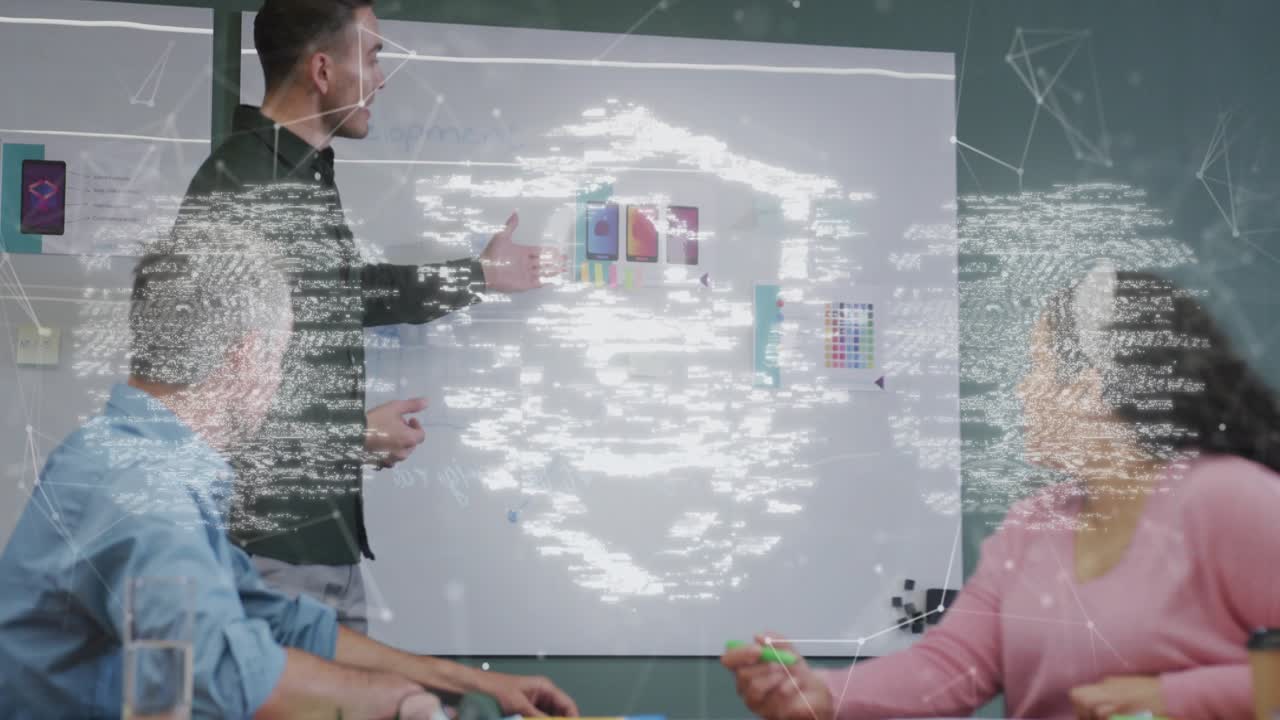 Presenter pointing at screen in meeting, causing fingerprint glitch and pulsing shield for security