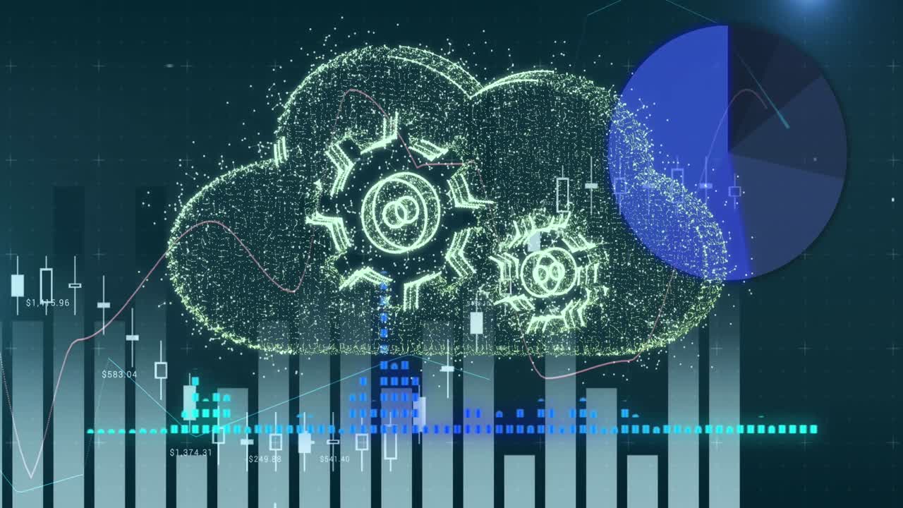 Animation of financial data processing over digital cloud