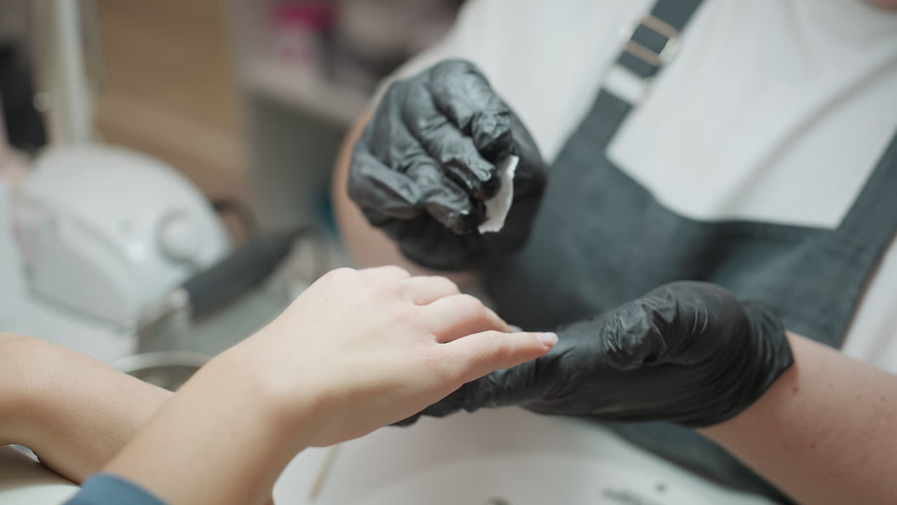 Nail technician in black glove gently cleaning client hand with wipe during manicure session, showing care and precision in professional nail salon environment with visible equipment in background