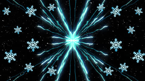animación de copos de nieve navideños y fuegos artificiales cayendo sobre un fondo negro