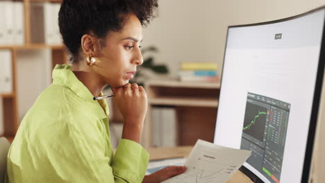office, woman at desk and computer with charts