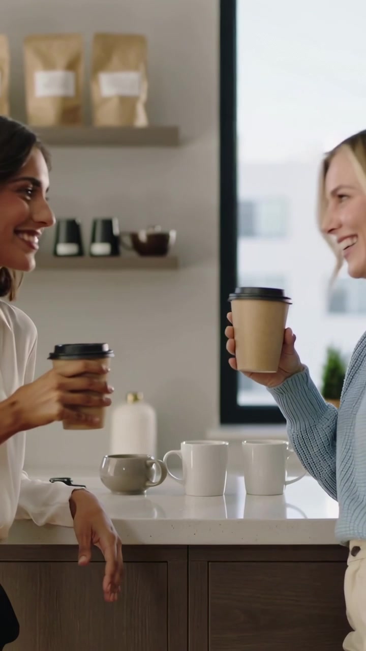 Vídeo vertical: Duas mulheres levantando copos de papel, bebendo na cozinha durante o intervalo, blusa branca, malha azul.