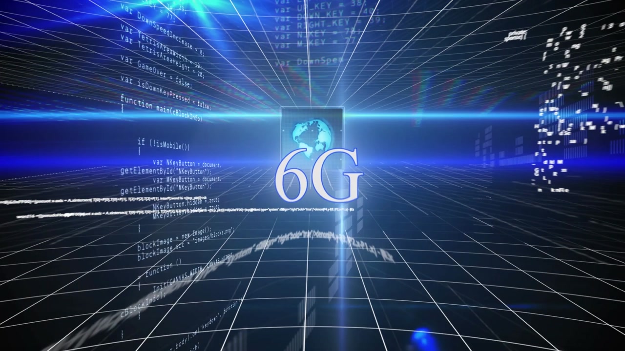 Animazione di testo 6G e globo su elaborazione dati su sfondo nero