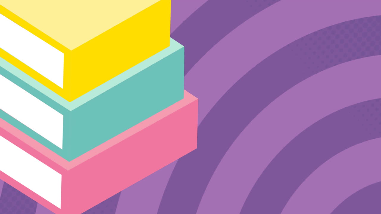 animación de iconos de libros sobre rayas en fondo púrpura