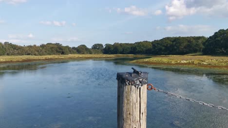 tidal lake at high tide on the small and unpopulated island in england named the isle of white early in the morning on a very sunny day