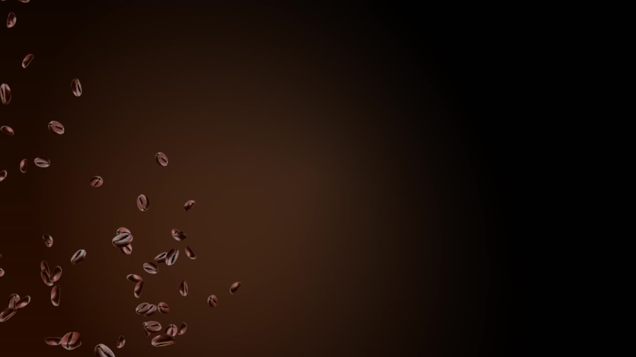 Roasted arabica coffee beans are flying and rotating on a black loop background in slow motion food
