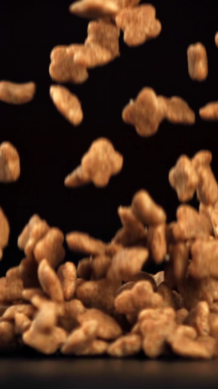 Pezzi di cereali marroni o crocchette per animali che cadono al rallentatore