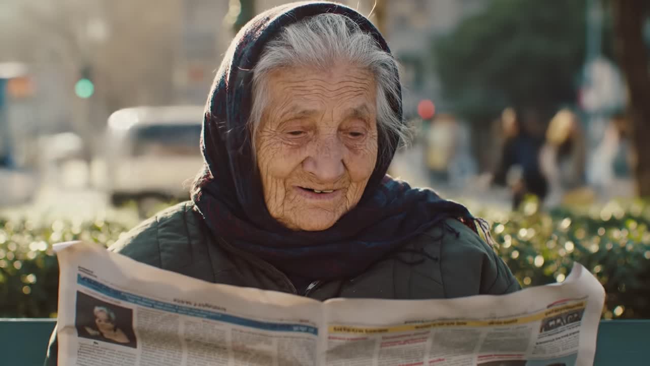 An elderly woman enjoys a sunny afternoon in the park while reading a newspaper. Surrounding greenery creates a tranquil atmosphere. A bus can be seen in the background.