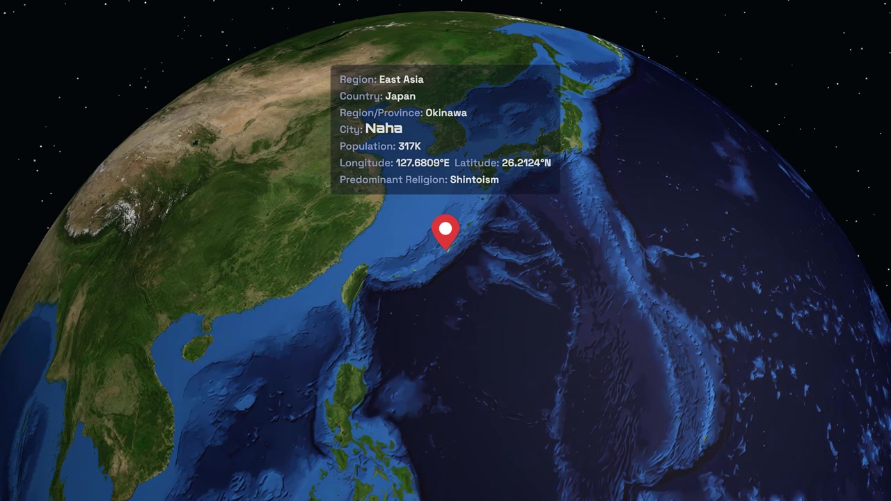 A 3D globe rotates and zooms into East Asia, highlighting Naha with data overlays