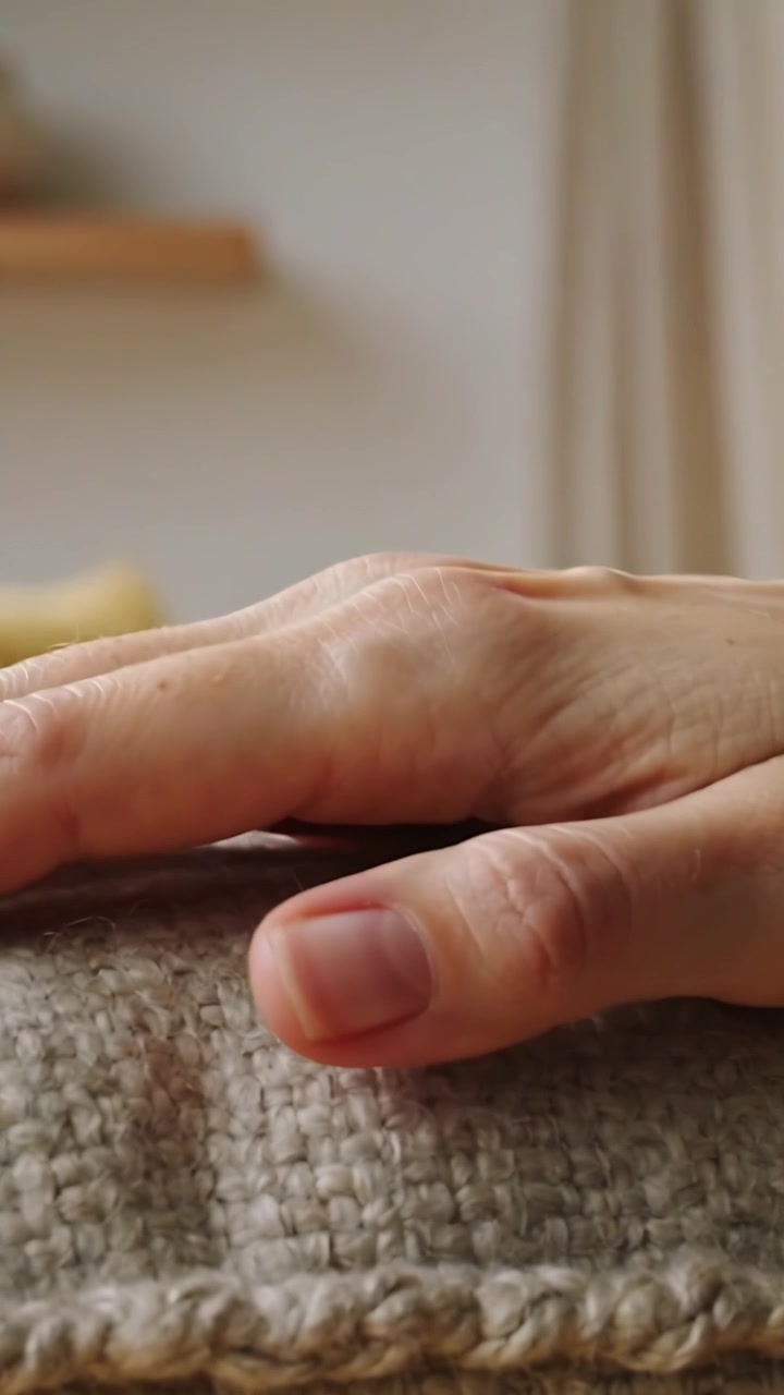 Vertical video: Touching right hand lowering palm on woven sofa cushion at home, feeling fabric