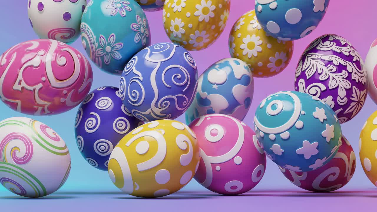Colorful, patterned Easter eggs floating in mid-air against a pastel gradient background