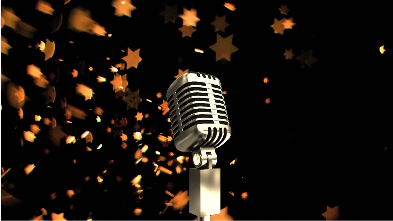 Animazione di un microfono su icone di stelle dorate che cadono su sfondo nero con spazio per il testo