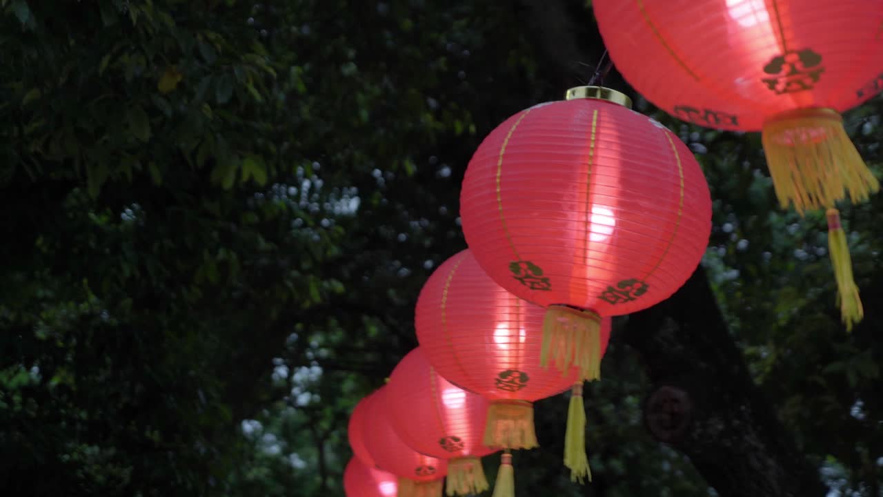 Red Chinese lanterns glowing at dusk during festival, hanging outdoors with trees in background