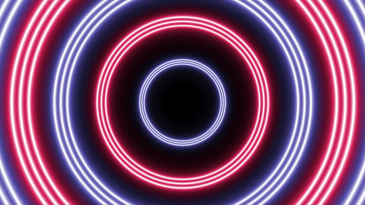 Pink and Violet neon circles seamless loop animation on a dark background. Abstract seamless looped futuristic flight in tunnel motion graphic