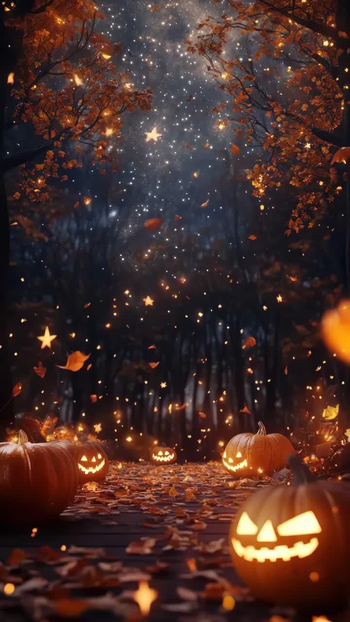 Scena autunnale incantevole con zucche luminose su un sentiero cosparso di foglie, ripresa da un'angolazione bassa