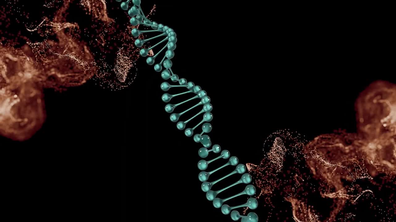 animación de la hélice de adn sobre puntos que forman un patrón de onda dinámica contra un fondo negro