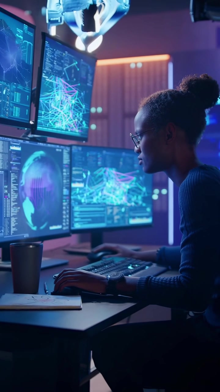 Female Programmer Working on Multiple Computer Screens in a Futuristic Tech Office