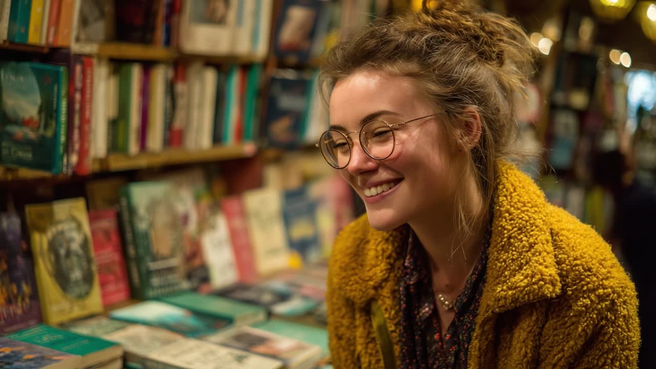 A Joyful Moment in a Cozy Bookstore: Capturing the Happiness of a Young Woman Surrounded by Shelves of Books and Literature