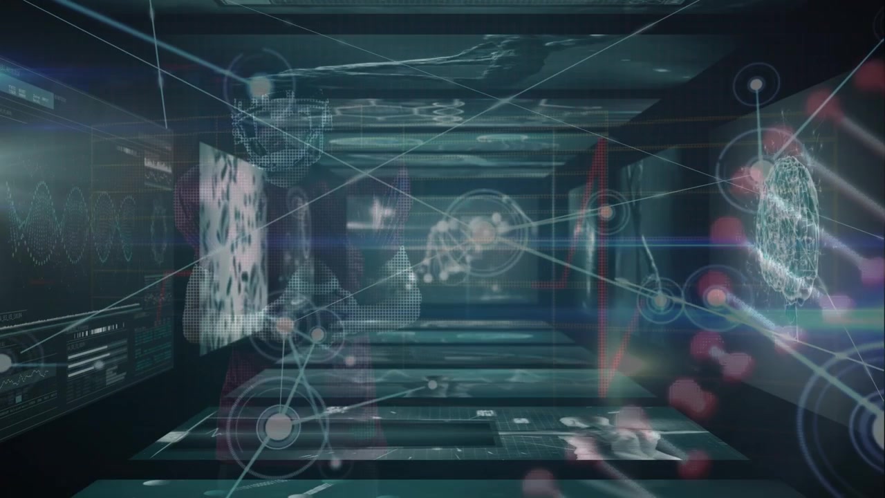 Animation of data processing and dna strand over caucasian rugby player
