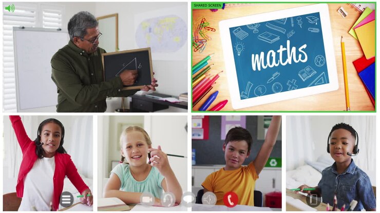 Animation of six screens of diverse children, teacher and maths text during online school lesson