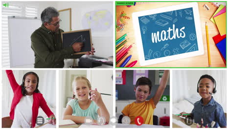 Animation-of-six-screens-of-diverse-children,-teacher-and-maths-text-during-online-school-lesson