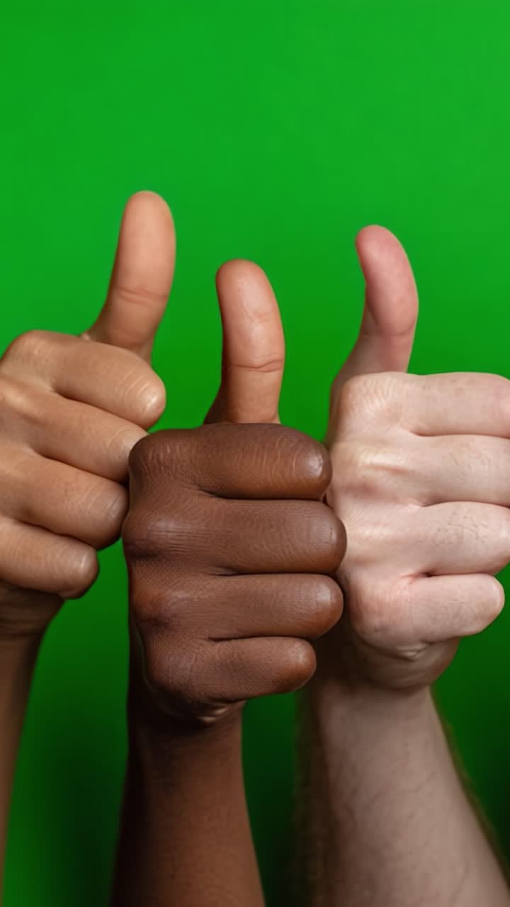 Unità nella diversità: una celebrazione dell’unione e dell’accettazione con gesto del pollice in su su uno sfondo verde vivace