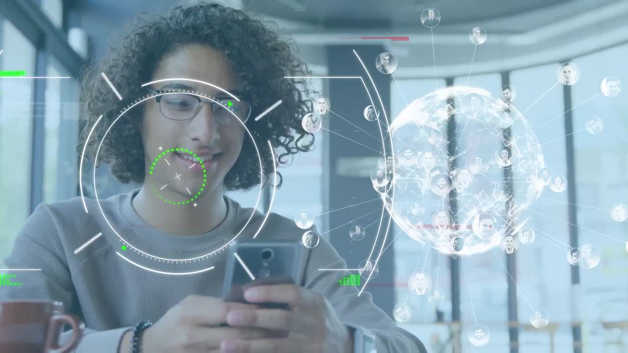 animación del globo y procesamiento de datos sobre hombres biraciales que usan teléfonos inteligentes
