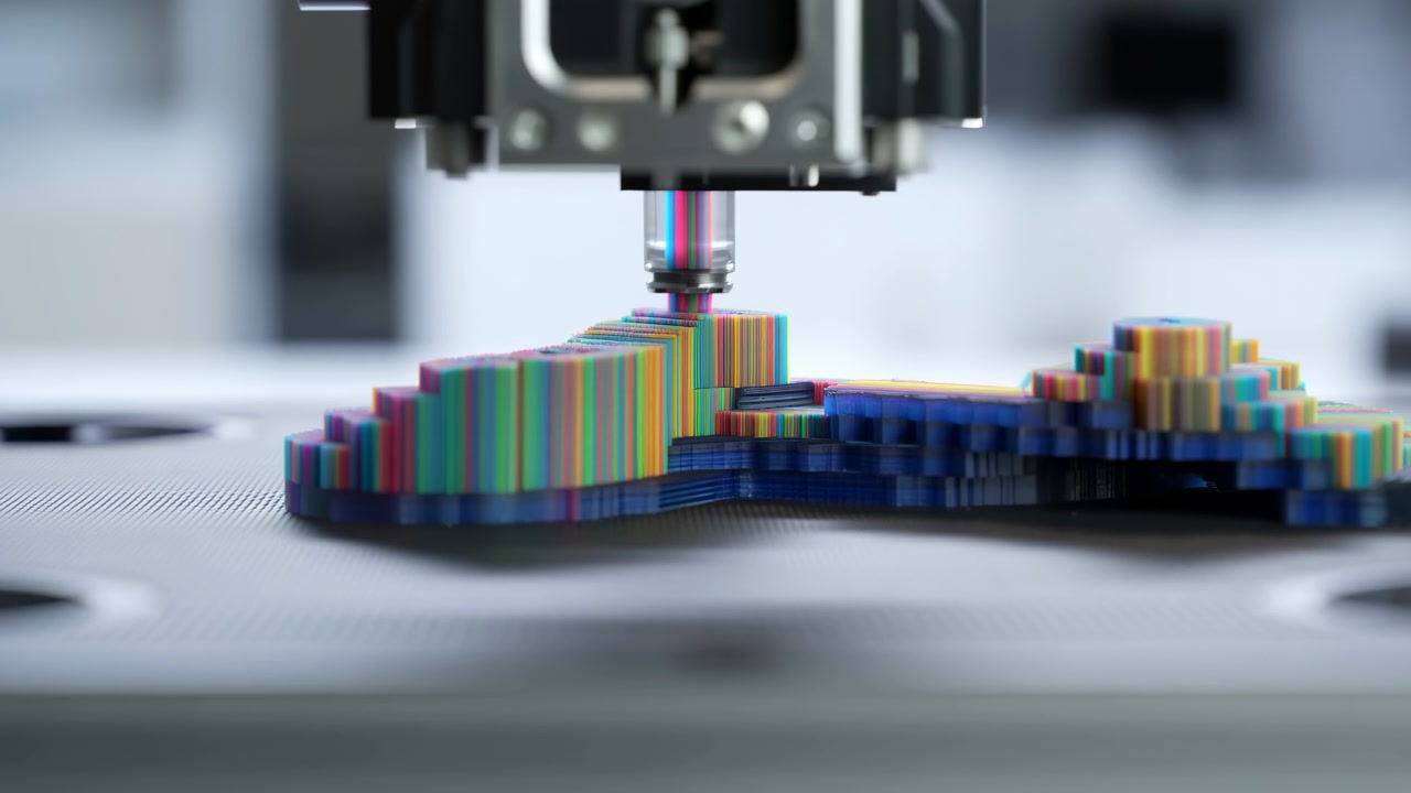 Close-up view of a 3D printer nozzle depositing material onto a multicolored layered object on a flat build surface, with soft blurred machinery in the background under bright studio lighting