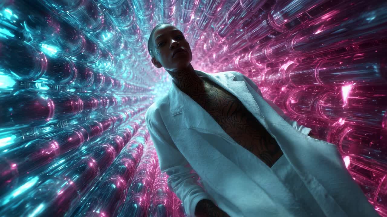 A striking figure stands amidst an ethereal tunnel of luminous tubes, blending art and technology in a captivating display of vibrant pink and blue hues, accentuating the urban aesthetic