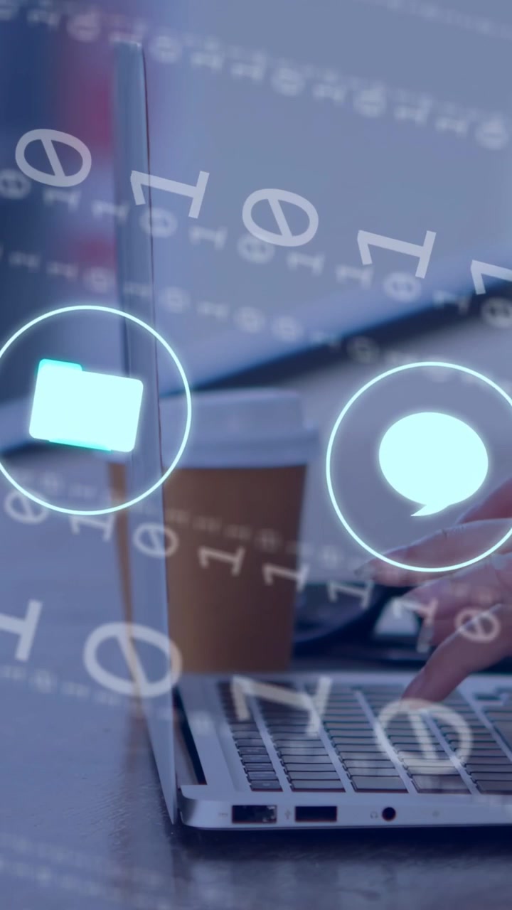 Vertical video: Woman typing on laptop, pressing keys initiating HUD shifts and binary for tech