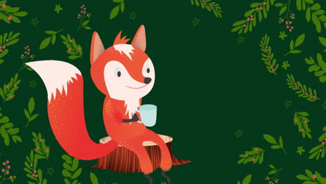 animación de zorro con taza en navidad sobre hojas