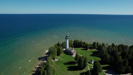 Drone-aerial-view-of-a-white-light-house-over-looking-lake-Michigan