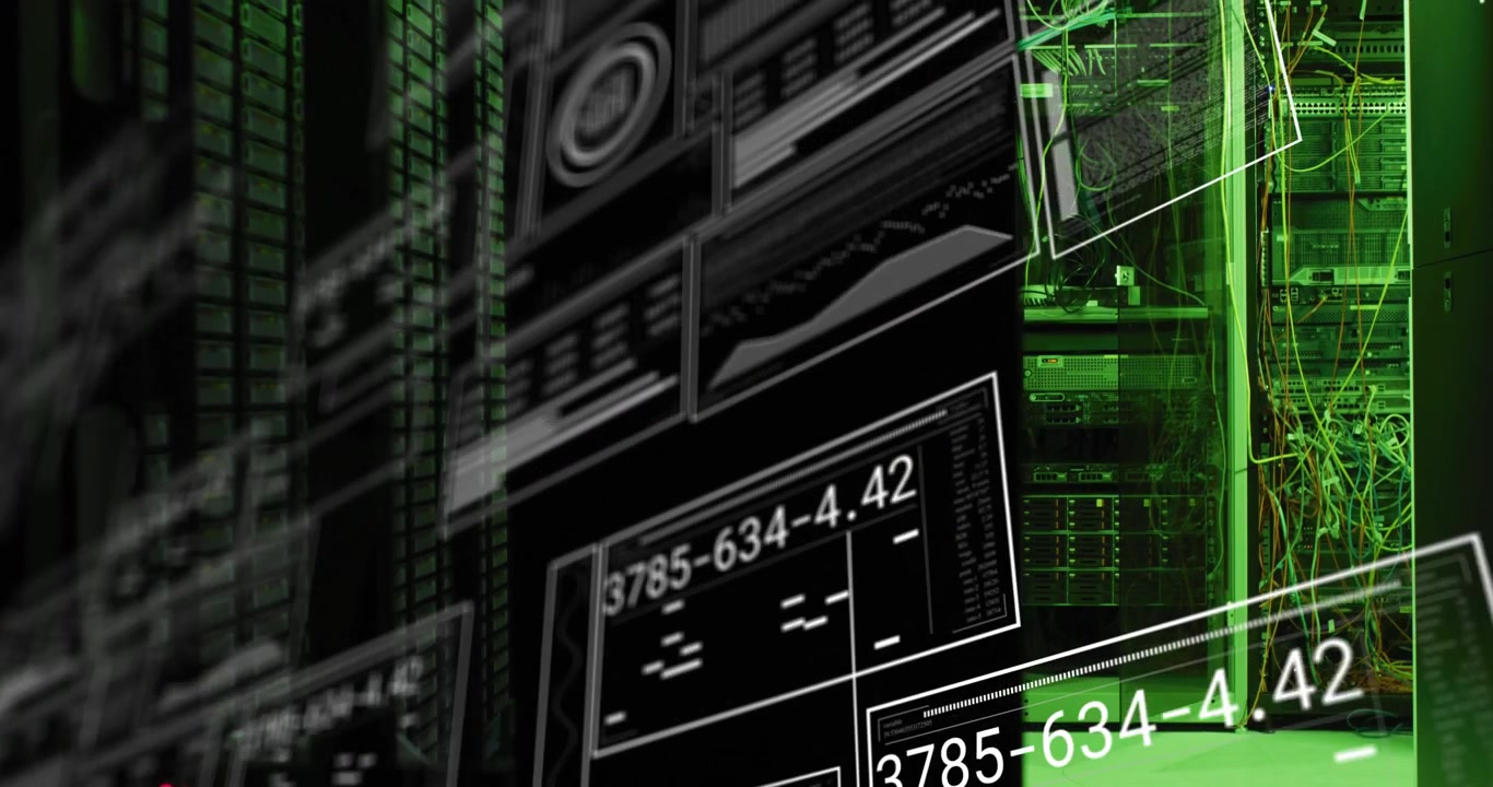 Animation of interface with data processing against computer server room