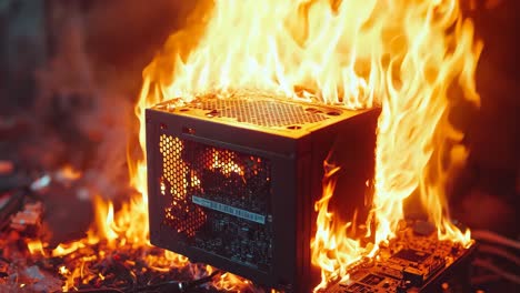 un caso de computadora en llamas con muchos cables en él