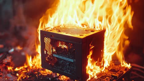 a computer case on fire with a lot of wires on it