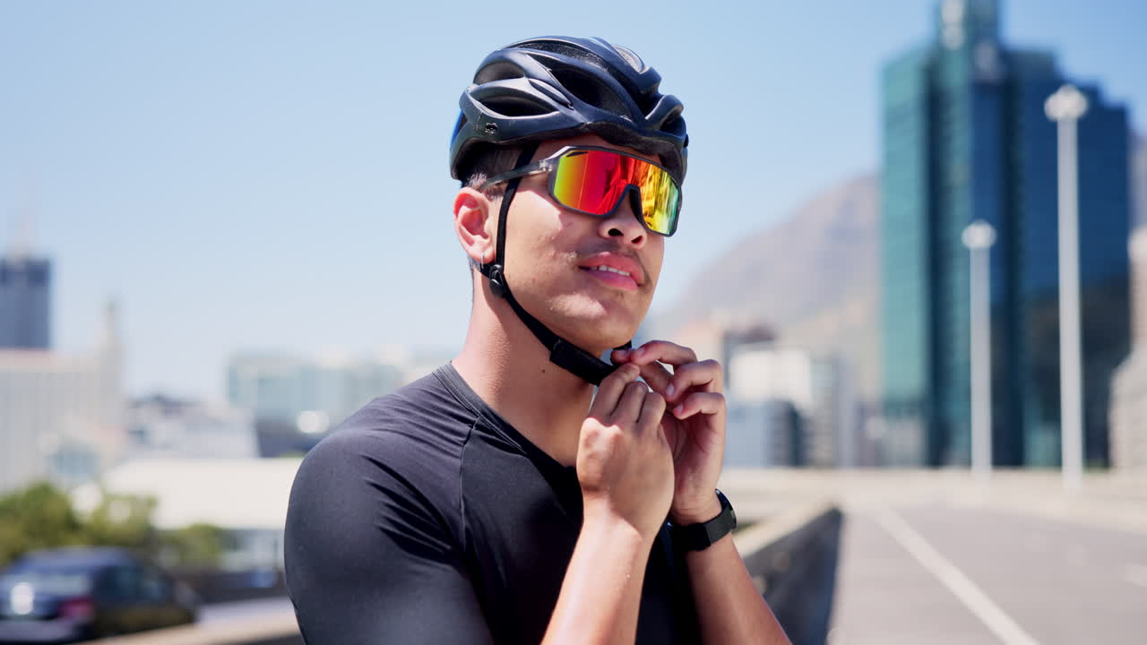 Young Male Cyclist Adjusting Helmet and Sunglasses in City