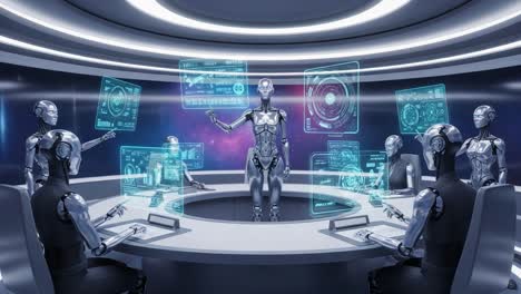 futuristic meeting of advanced robots in a high-tech conference room, engaging with holographic displays and analyzing data in a virtual environment