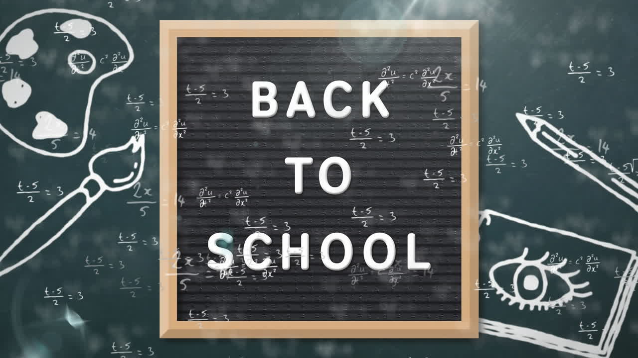 animación del texto de regreso a la escuela sobre los iconos de los artículos escolares