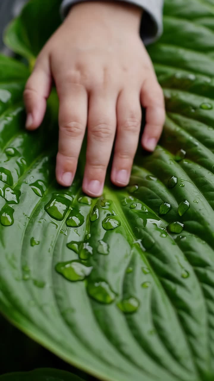 Child's Hand Touching a Wet Green Leaf
