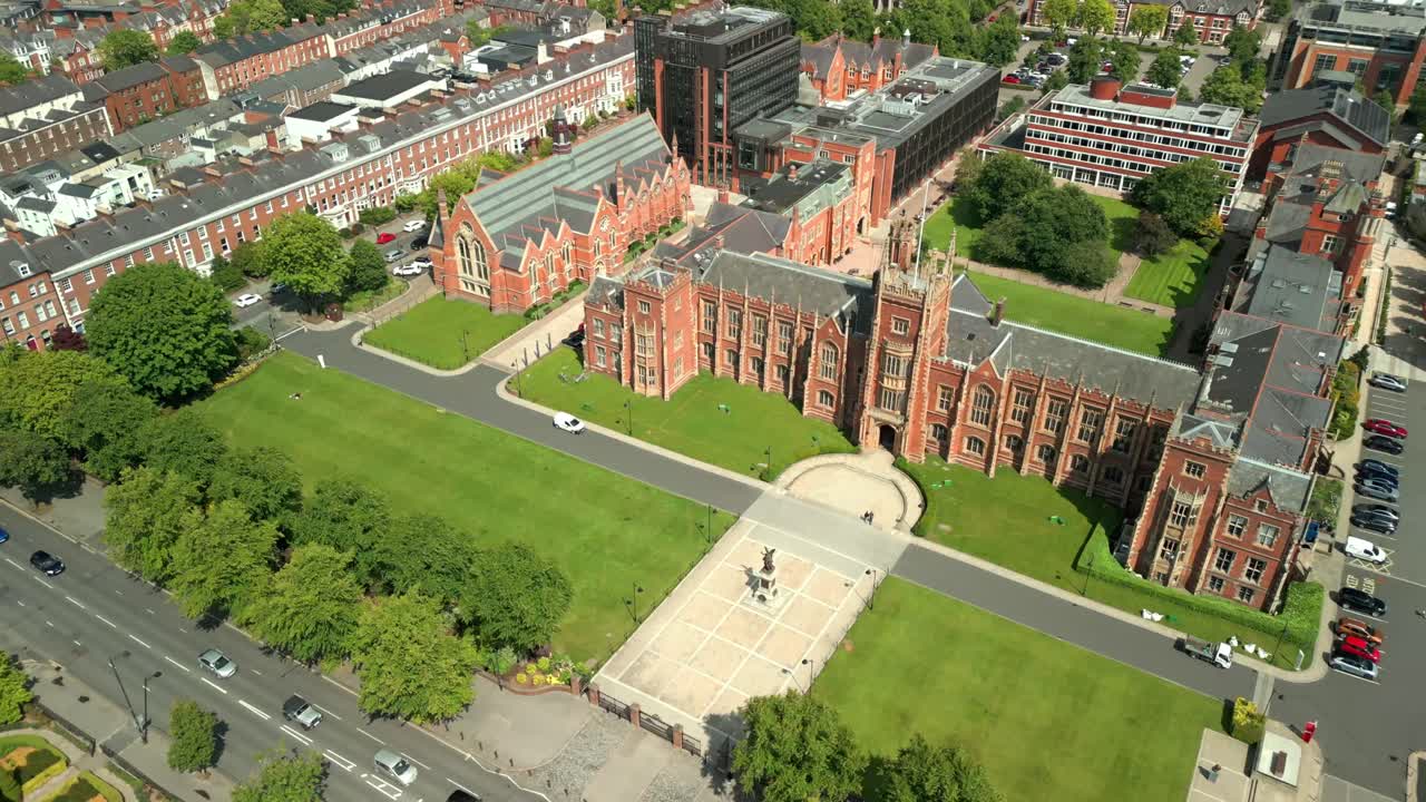 Aerial video of Queen's University Belfast, in Northern Ireland, UK on a bright and sunny day. Produced at 4K resolution, 60FPS and with Rec709 color.