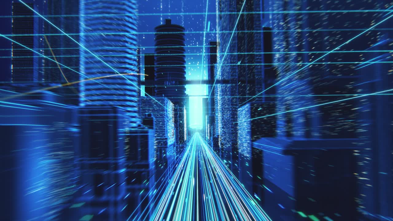 una cámara fluye a través de las calles abstractas con líneas interconectadas tecnológicas que representan la web mundial, la conectividad a internet y los grandes datos.
