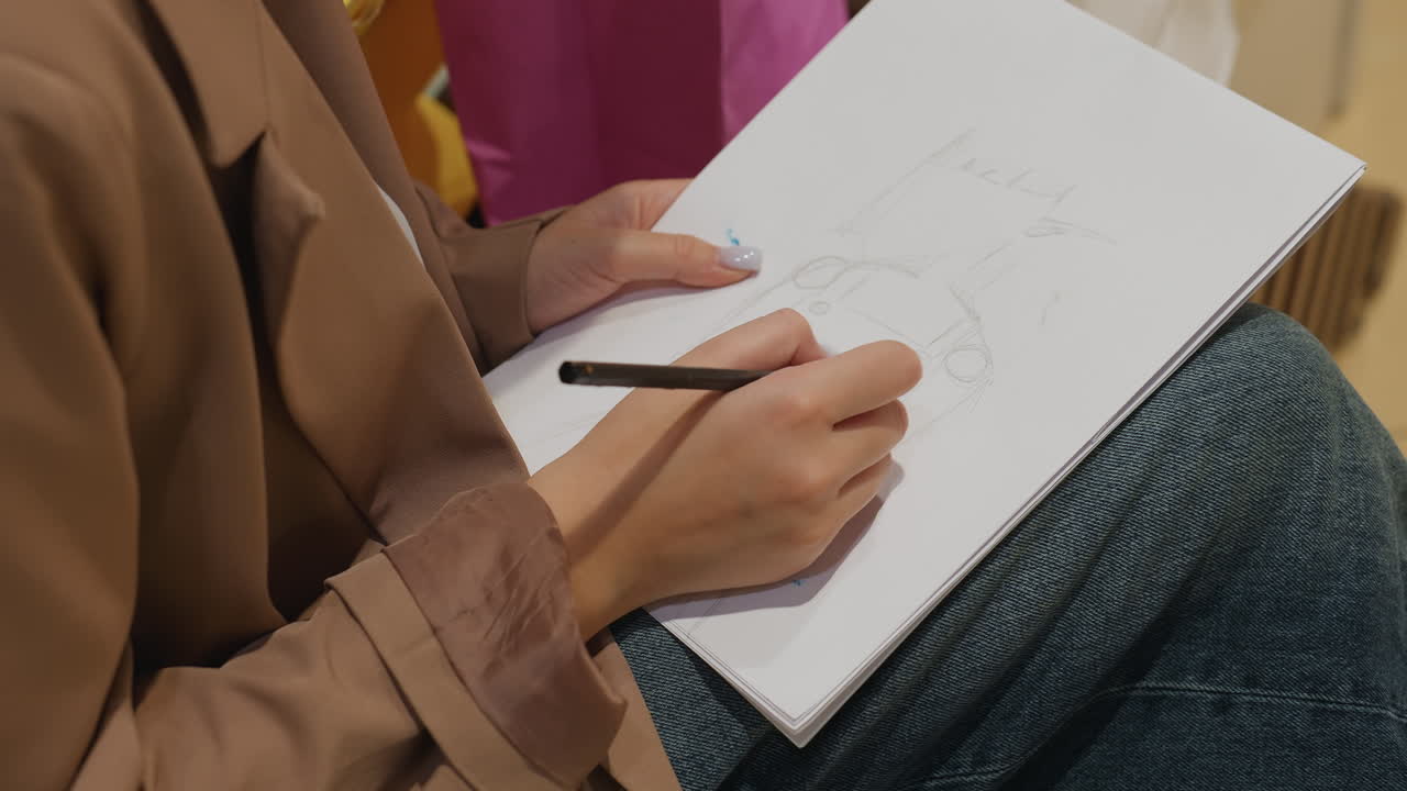 쇼핑몰 나무 벤치에 앉아 스케치북에 스케치하는 손, 캐주얼한 청바지와 베이지색 블레이저를 입은 프리랜서 일러스트레이터, 섬세한 인물 선을 만들어내는 연필 선, 집중하는 창의적인 모습 클로즈업