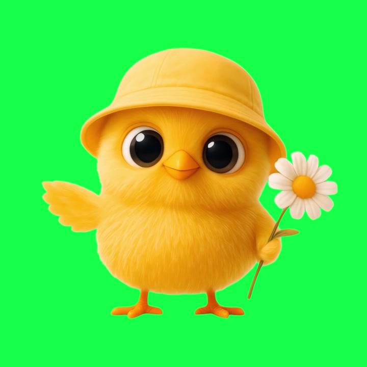 Lindo pollito amarillo animado con sombrero sosteniendo una margarita