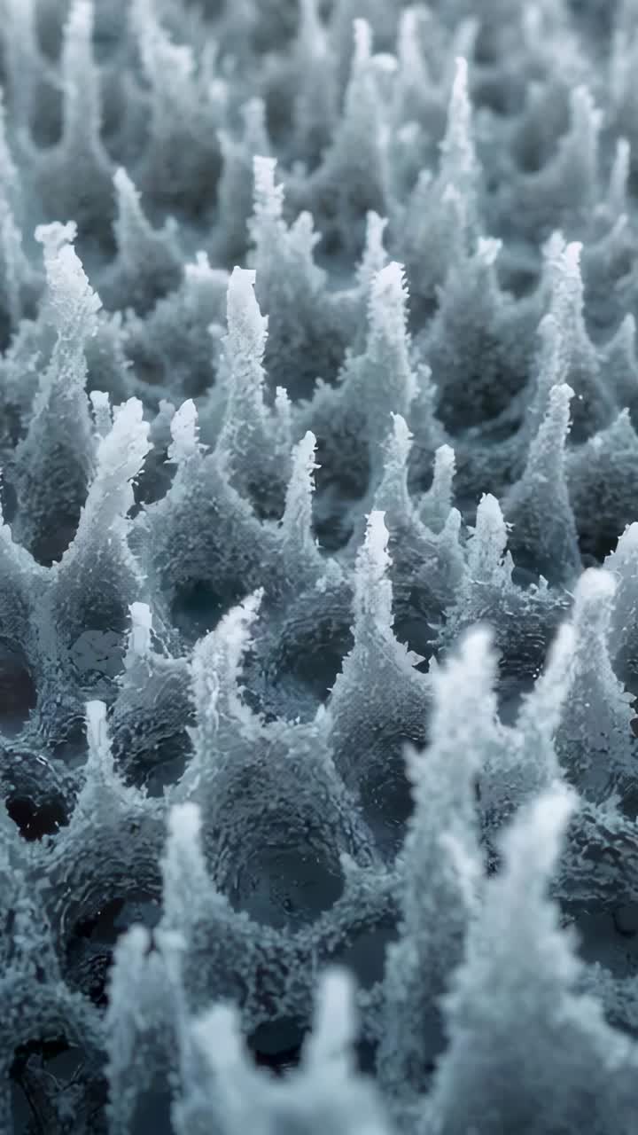 Video verticale: spostamento macro della messa a fuoco della telecamera su coni, punte e cavità, che mostra i cristalli