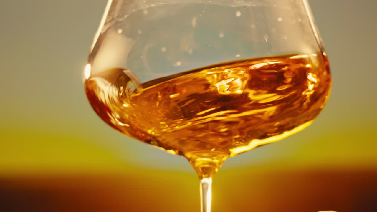 Orange or white wine bottle and glass against a sunset in a peaceful vineyard, pouring of ecological natural wine.