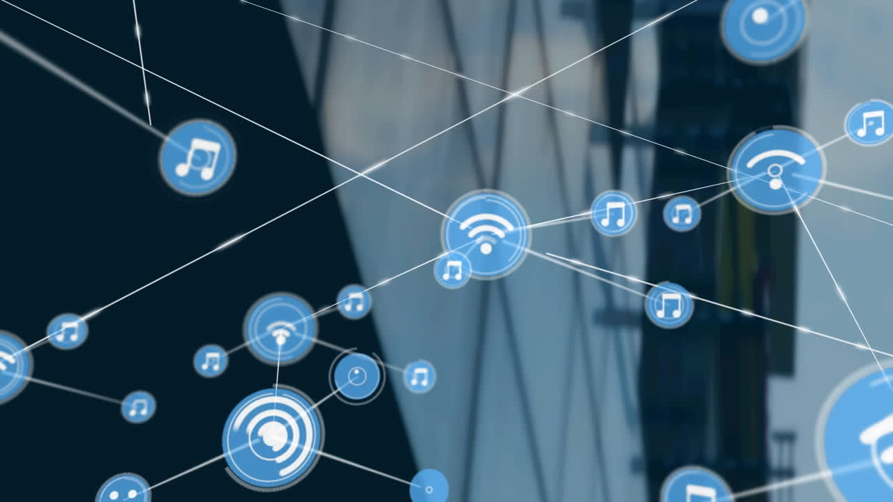 Animation of network of connections with icons over modern building