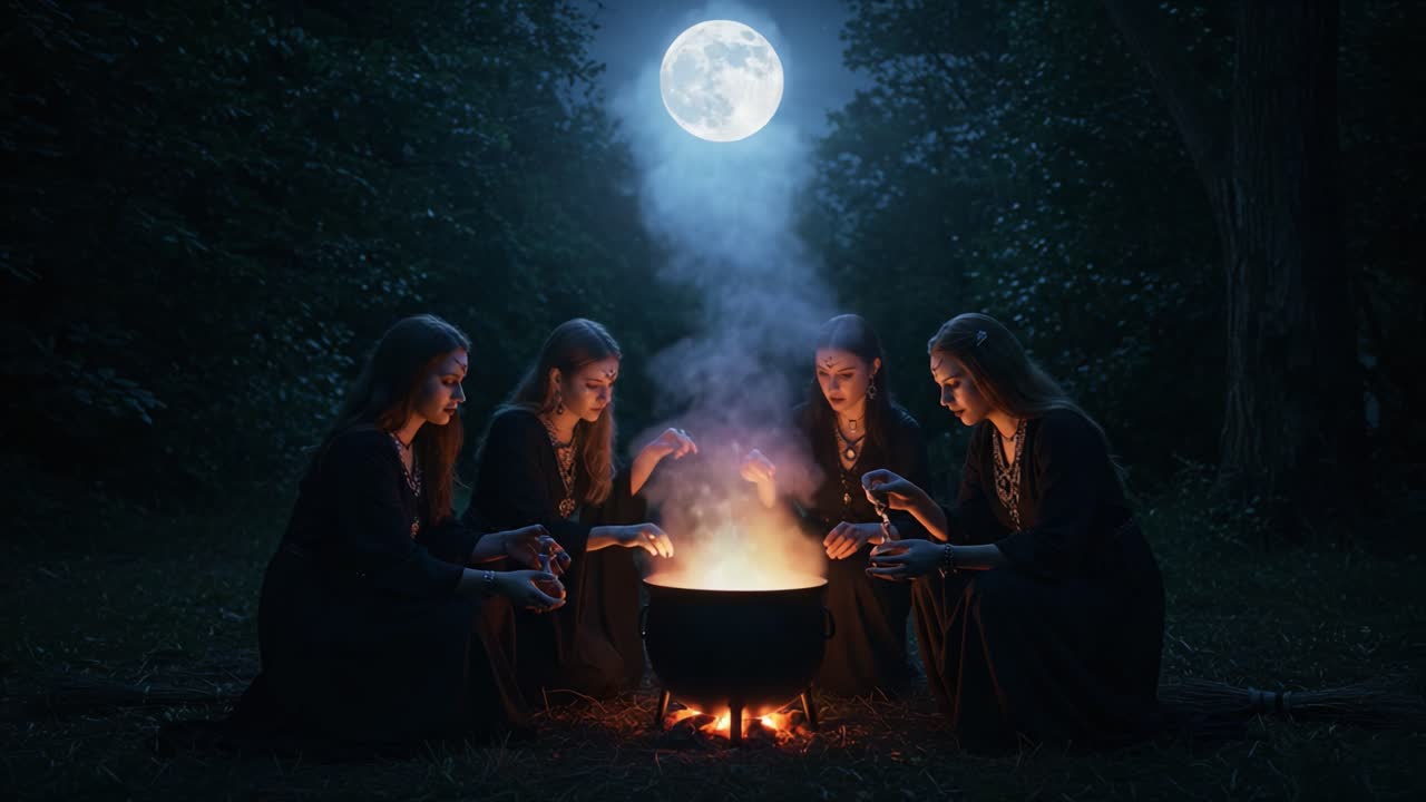 An Enchanting Evening Gathering: Four Mysterious Figures Engaged in a Mysterious Ritual Under the Moonlight by a Flickering Cauldron in a Forest Clearing
