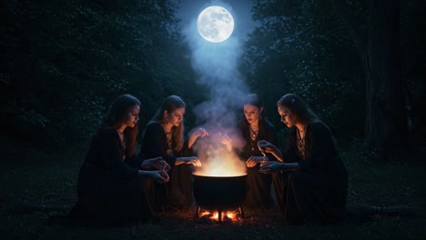 an enchanting evening gathering: four mysterious figures engaged in a mysterious ritual under the moonlight by a flickering cauldron in a forest clearing